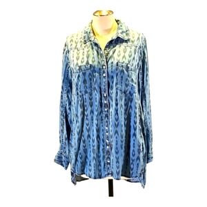 Project Indigo Denim Like Pearl Snap Closure Blue Pattern Long Sleeve M